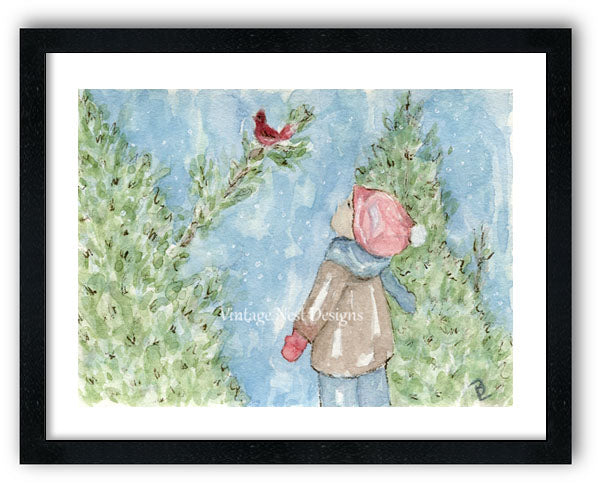 Impression numérique Le petit garçon et le cardinal n°1, peinture aquarelle