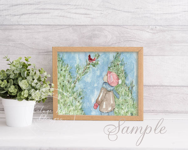 Impression numérique Le petit garçon et le cardinal n°1, peinture aquarelle