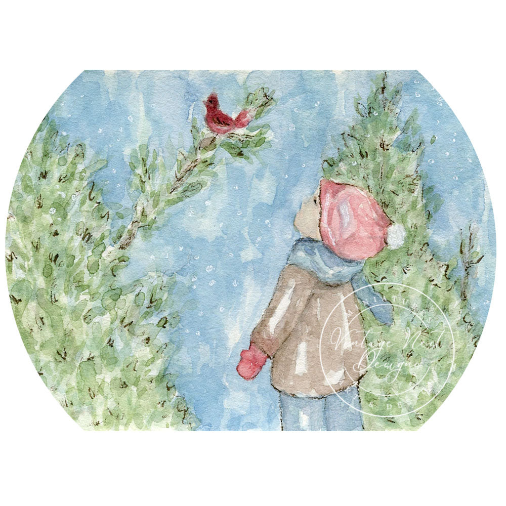 Impression numérique Le petit garçon et le cardinal n°1, peinture aquarelle