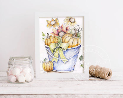 Bucket of Pumpkins No.2 Digital Print Watercolor Painting