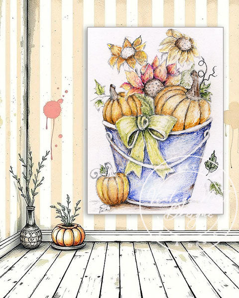 Bucket of Pumpkins No.2 Digital Print Watercolor Painting