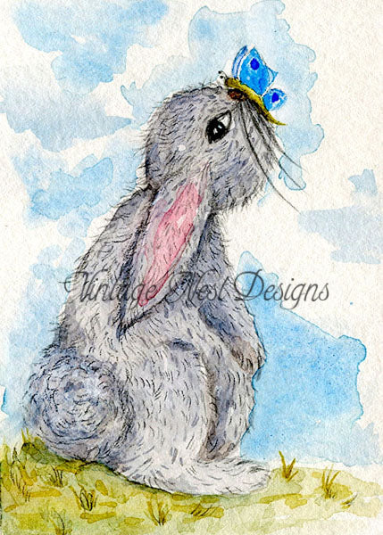 Digital Print Bunny & Butterfly No.1 ACEO Watercolor Painting Instant Download
