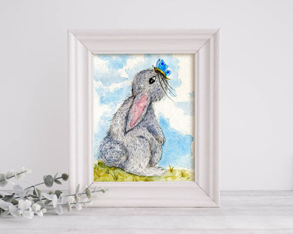 Digital Print Bunny & Butterfly No.1 ACEO Watercolor Painting Instant Download