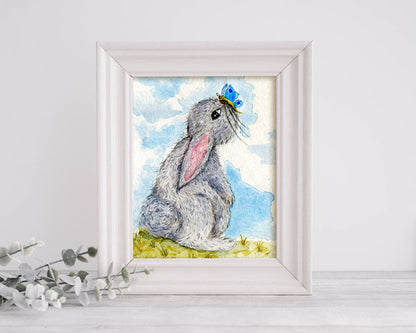 Digital Print Bunny & Butterfly No.1 ACEO Watercolor Painting Instant Download