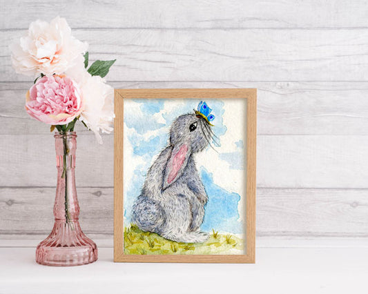 Digital Print Bunny & Butterfly No.1 ACEO Watercolor Painting Instant Download