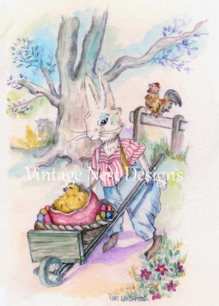 A whimsical watercolor illustration of a white rabbit pushing a wheelbarrow with colorful eggs, under a large tree, with a rooster on a fence in the background. The artwork has a soft vintage style and a visible 'Vintage Nest Designs' watermark across the center.