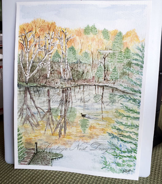 Digital Print Cabin at the Lake No.1 Watercolor Painting Instant Download