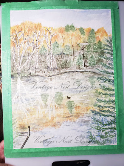 Digital Print Cabin at the Lake No.1 Watercolor Painting Instant Download