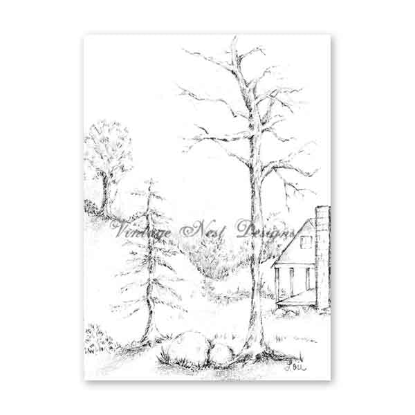 Hütte im Wald Nr. 3 Digitaldrucke Bleistiftzeichnung
