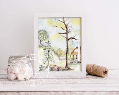 Digital Print Cabin in the Woods No.3 ACEO Watercolor Painting Instant Download