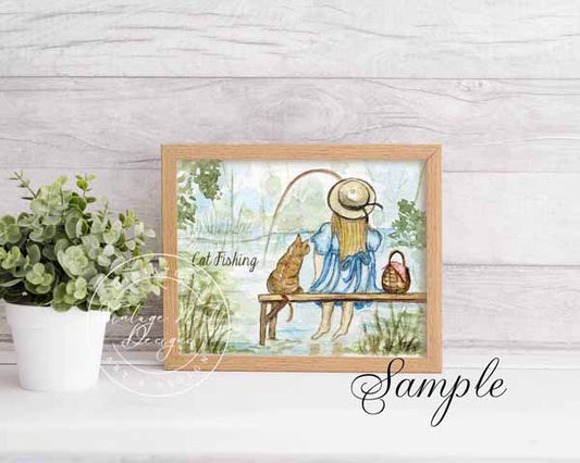 Cat Fishing No.1 ACEO Digital Print Watercolor Painting
