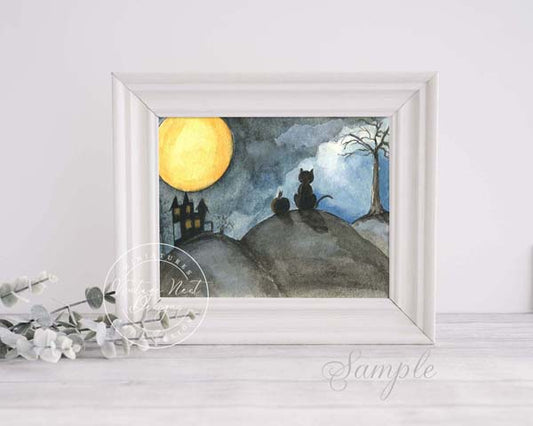 Digital Print The Cat & the Moon No.1 ACEO Watercolor Instant Download