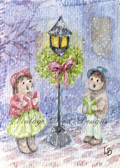 Digital Print Christmas Children Carolers No.1 Watercolor Painting Instant Download