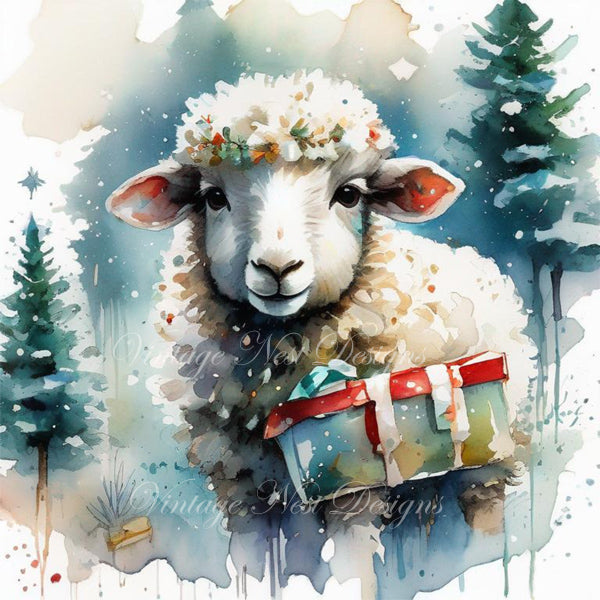 Digital Print Christmas Ewe No.1 Watercolor Instant Download