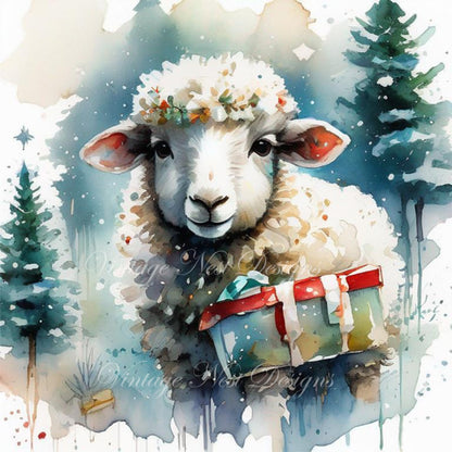 Digital Print Christmas Ewe No.1 Watercolor Instant Download