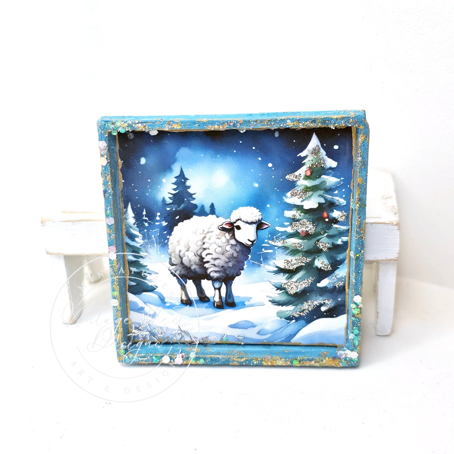 Miniature Christmas Ewe No.2:1 Dollhouse Handmade Wooden Framed Art
