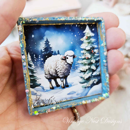 Miniature Christmas Ewe No.2:1 Dollhouse Handmade Wooden Framed Art
