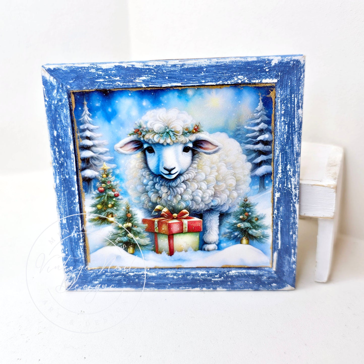 Miniature Christmas Ewe No.5:1 Handmade Wooden Framed Art for Dollhouse
