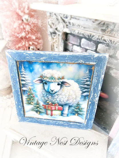 Miniature Christmas Ewe No.5:1 Handmade Wooden Framed Art for Dollhouse