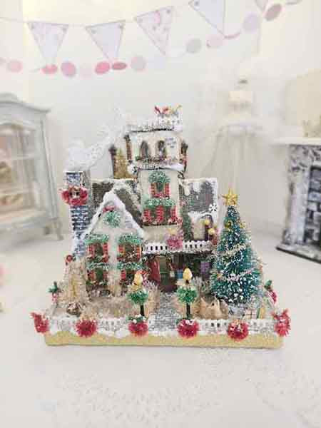 Miniature Victorian Putz Christmas Mansion No.4 Glitter Holiday Home Handmade One of a Kind
