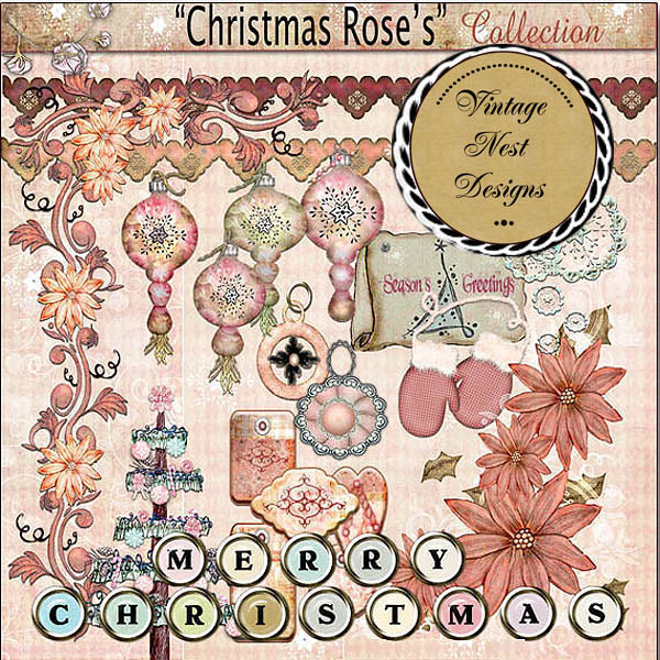 Digital Scrapbooking Christmas Roses Kit Instant Download