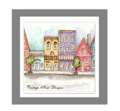 City Life Nr. 1:2 Digitaler Druck Aquarellgemälde Puppenhaus Miniatur