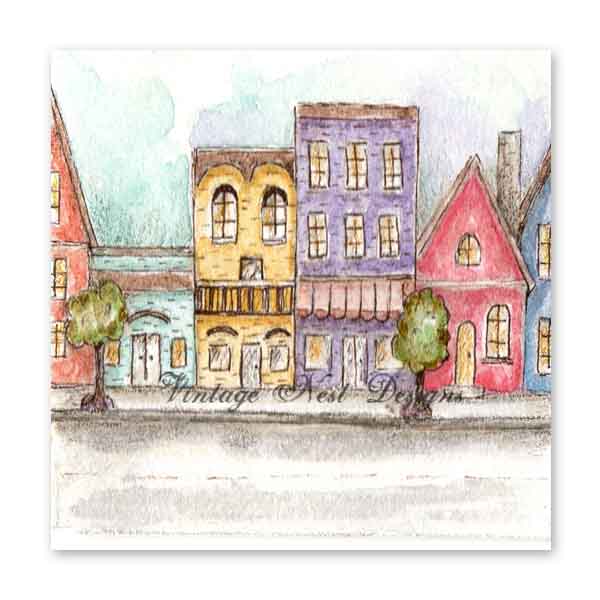 City Life Nr. 1:2 Digitaler Druck Aquarellgemälde Puppenhaus Miniatur