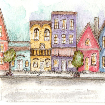 City Life Nr. 1:2 Digitaler Druck Aquarellgemälde Puppenhaus Miniatur