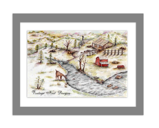 Digital Print Country Life No.7 Watercolor Painting Instant Download