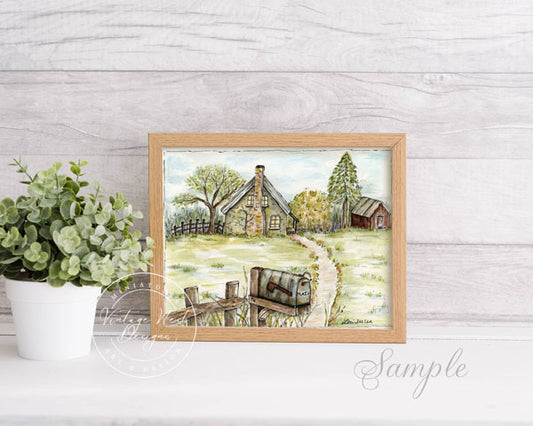 Digital Print Country Life No.2 Watercolor Painting Instant Download
