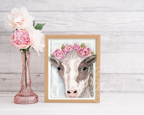 Digital Print Cow with Roses No.1 ACEO Watercolor Painting Instant Download