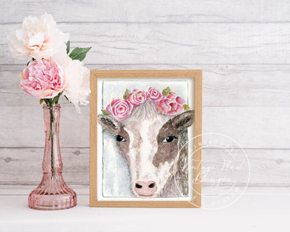 Digital Print Cow with Roses No.1 ACEO Watercolor Painting Instant Download