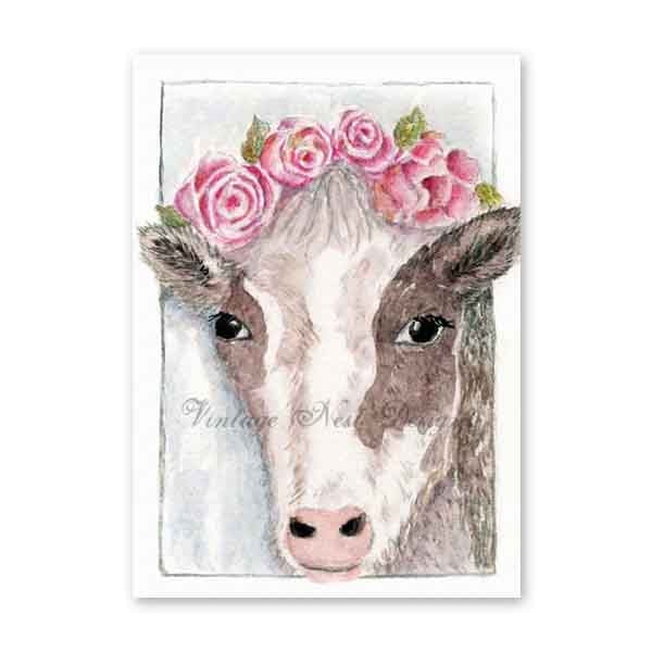 Digital Print Cow with Roses No.1 ACEO Watercolor Painting Instant Download