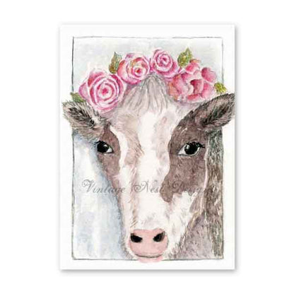 Digital Print Cow with Roses No.1 ACEO Watercolor Painting Instant Download
