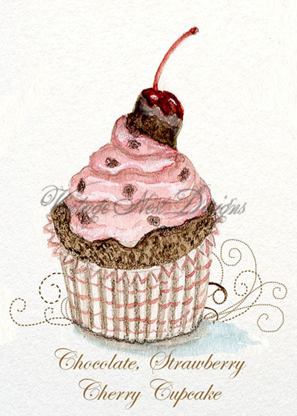 Chocolate Raspberry Cupcake No.34:2 ACEO Digital Print Watercolor Painting