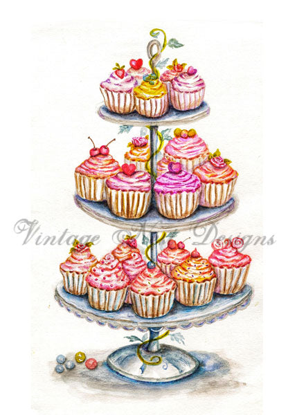Digital Print Cupcake Tiers No.1 Watercolor Painting Instant Download