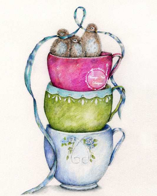 Digital Print Cup of Birds No.1 Watercolor Instant Download
