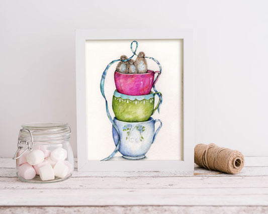 Digital Print Cup of Birds No.1 Watercolor Instant Download