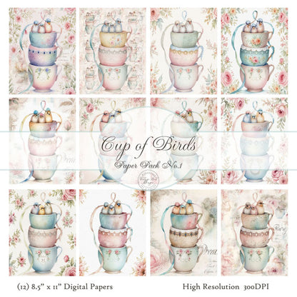 Digital Print Cup of Birds No.1 Greetings Instant Download