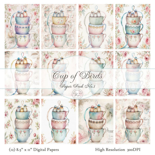 Digital Prints Cup of Birds Paper Pack No.1 Instant Download