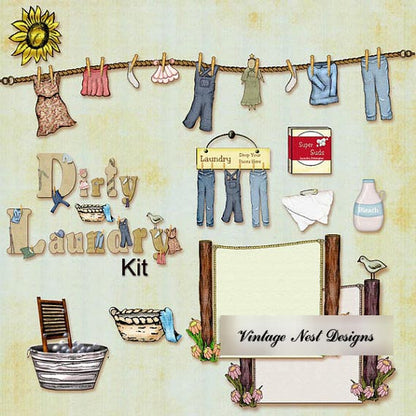 Digital Scrapbooking Dirty Laundry Kit Instant Download