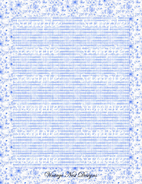 Blue checkered pattern with floral elements on a textured background