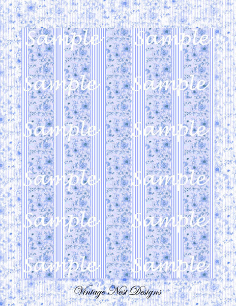Textured blue and white patterned paper with 'Sample' text and 'Vintage Nest Designs' branding.