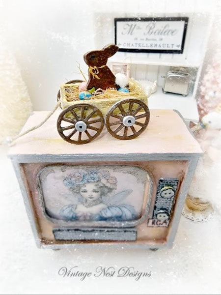 Miniature Easter Rabbit in Cart No.1 Handmade Diorama Shadow Box