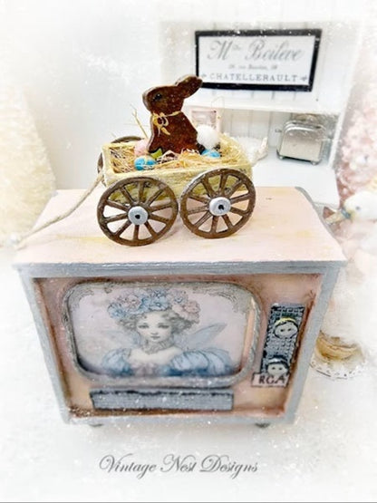 Miniature Easter Rabbit in Cart No.1 Handmade Diorama Shadow Box