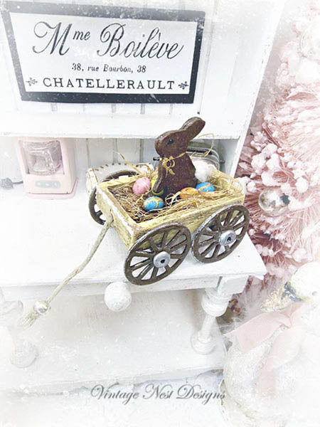 Miniature Easter Rabbit in Cart No.1 Handmade Diorama Shadow Box