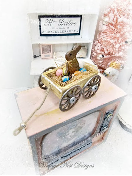 Miniature Easter Rabbit in Cart No.1 Handmade Diorama Shadow Box