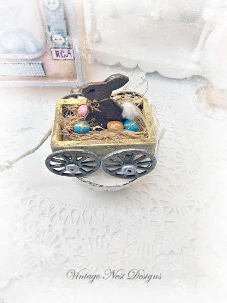 Miniature Easter Rabbit in Cart No.1 Handmade Diorama Shadow Box