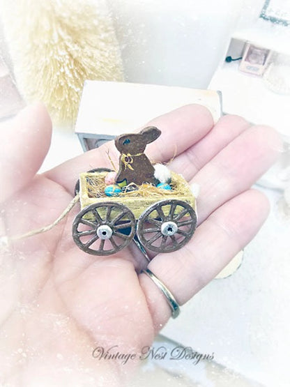 Miniature Easter Rabbit in Cart No.1 Handmade Diorama Shadow Box