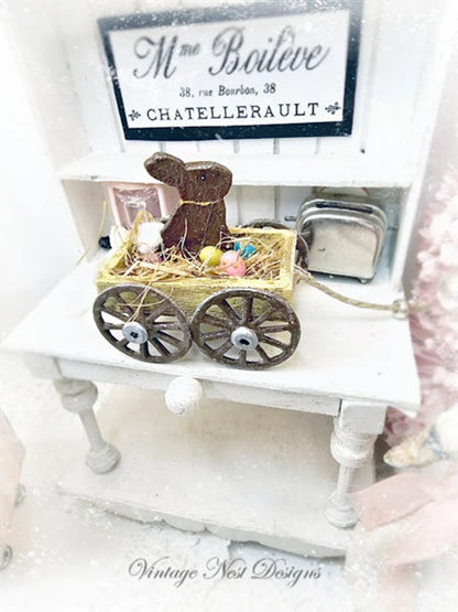Miniature Easter Rabbit in Cart No.1 Handmade Diorama Shadow Box